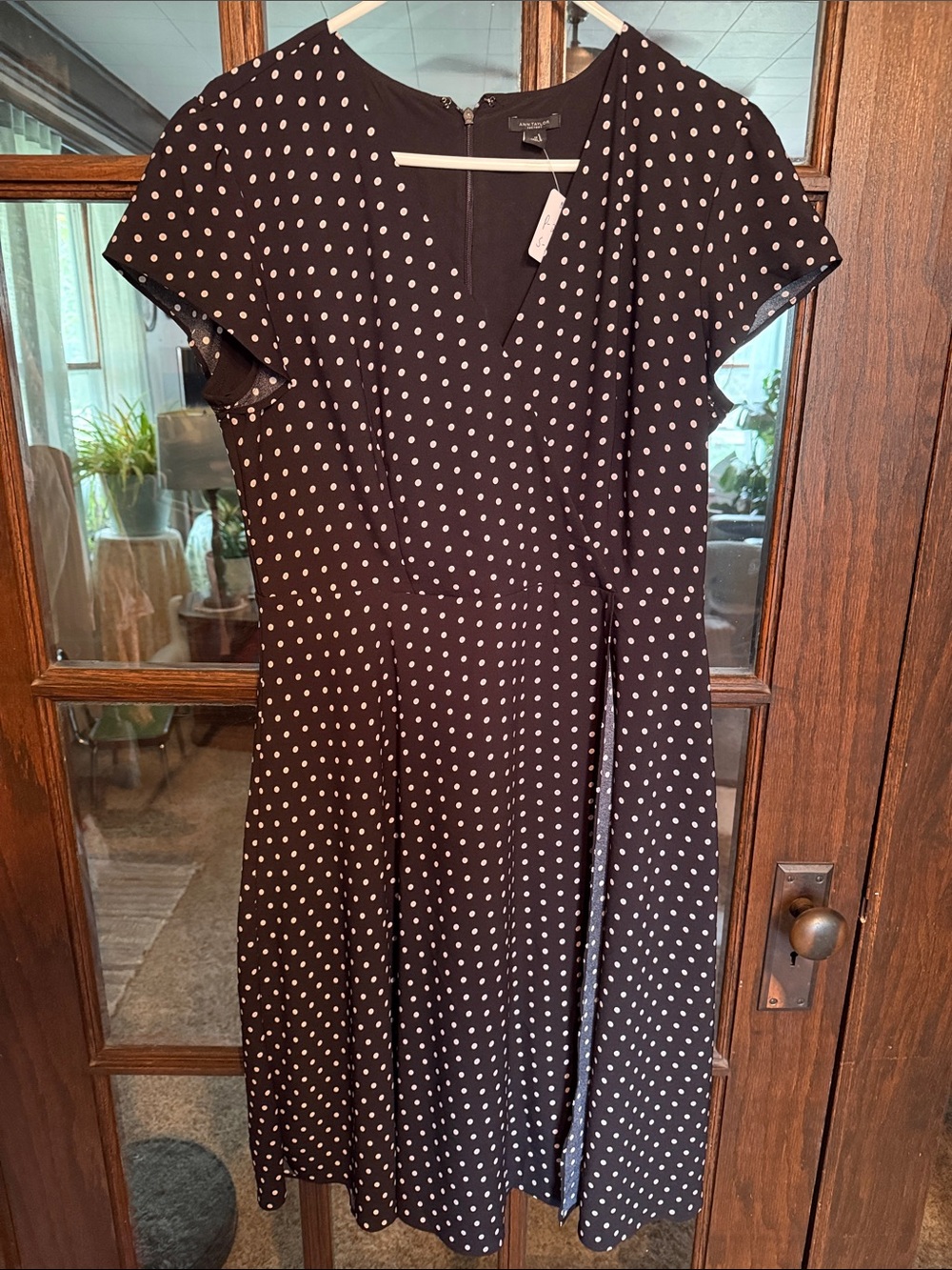 Ann Taylor Factory Polka Dot V-Neck Wrap Style Midi Dress Black Pink Size 12